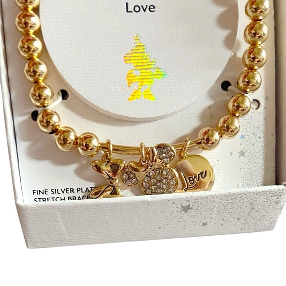 Disney Minnie Mouse Love Charm Bracelet Gold Beaded Fine Silver Plated Stretchy - Picture 2 of 3